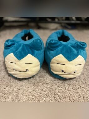 Pokemon Snorlax Plush Kids Footie Slippers - Teal Blue with Cream Face